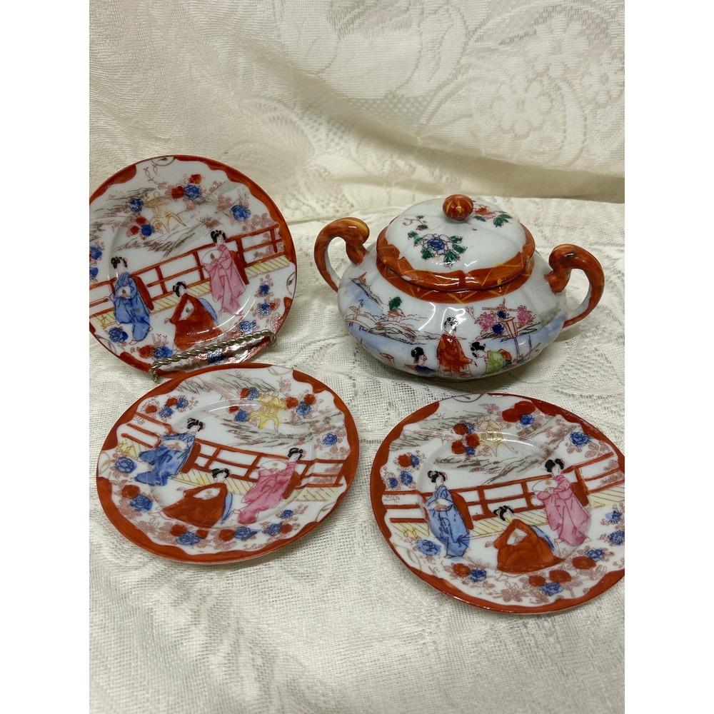 Sugar Bowl, Lid and 3 Saucers Vintage Japanese Three Geisha Girls Porcelain